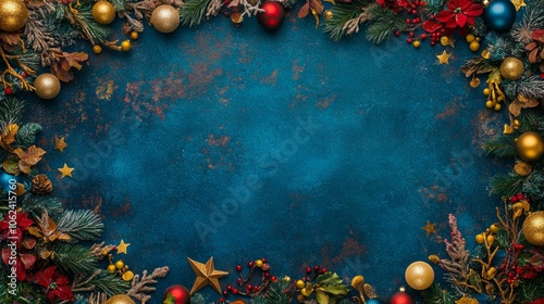 Obraz na płótnie Blue background featuring Christmas wreath adorned with festive decorations, capturing holiday spirit. w salonie