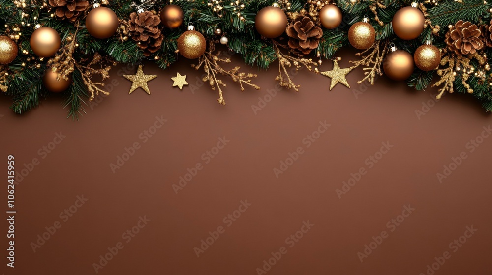 Golden decorations and fir branches on festive background, creating warm holiday atmosphere. Golden decorations and fir branches on festive background, creating warm holiday atmosphere.