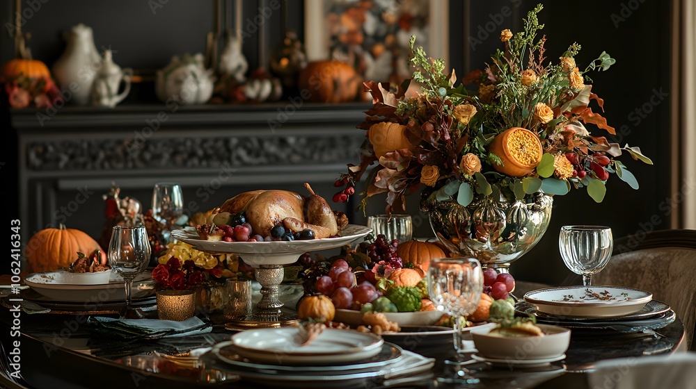 A festive set table with traditional Thanksgiving A festive set table with traditional Thanksgiving