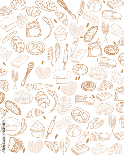 bakery pattern wallpaper or background featuring a assortment of fresh pastries and baking tools 