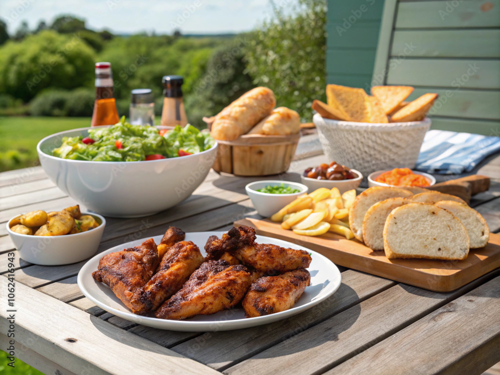 Outdoor Food Concept on a Wooden Table An Array of Different Dishes and Treats Perfect for Picnics and Gatherings, Celebrating Fresh Air and Good Company. Outdoor Food Concept on a Wooden Table An Array of Different Dishes and Treats Perfect for Picnics and Gatherings, Celebrating Fresh Air and Good Company.