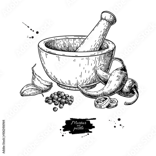 Mortar and pestle with spices, garlic, paprika, pepper, and chili pepper vector drawing. 