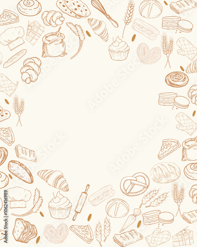 bakery pattern wallpaper or background featuring a assortment of fresh pastries and baking tools 