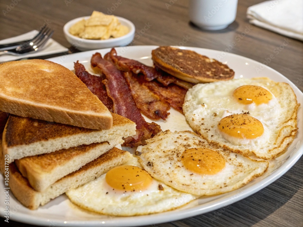 Traditional Full American Breakfast A Hearty Plate of Fluffy Pancakes, Sunny-Side-Up Eggs, Crispy Bacon, and Fresh Fruits, Perfect for a Delicious Morning Feast. Traditional Full American Breakfast A Hearty Plate of Fluffy Pancakes, Sunny-Side-Up Eggs, Crispy Bacon, and Fresh Fruits, Perfect for a Delicious Morning Feast.
