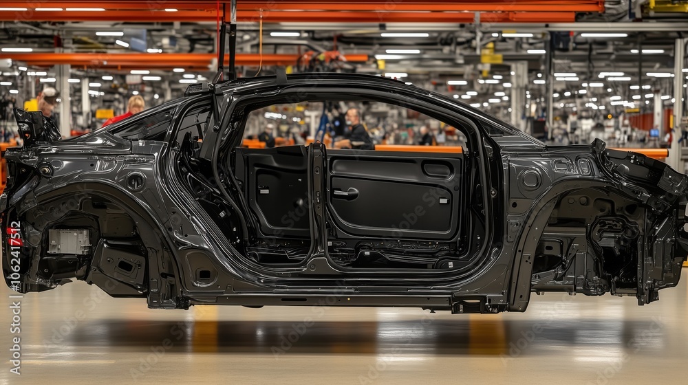 Fototapeta premium A detailed side view of a car frame in an automotive factory during assembly, showing machinery and workers in the background.