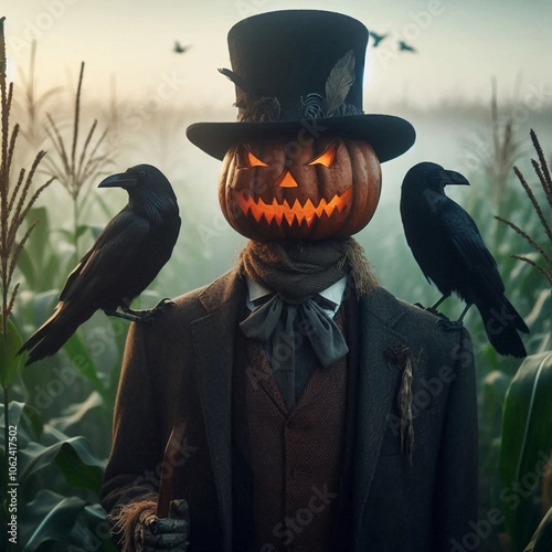 scarecrow dressed in an old-fashioned suit and top hat photo