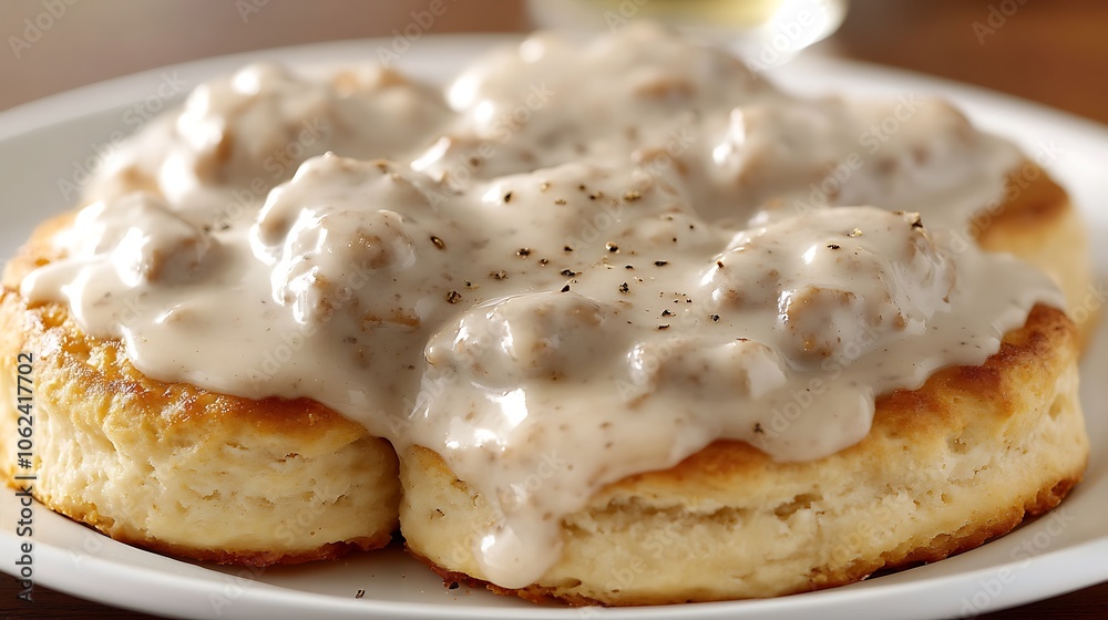 A warm, buttery biscuit topped with sausage gravy and cracked pepper A warm, buttery biscuit topped with sausage gravy and cracked pepper