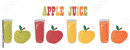 Set glass of juice of yellow, red and green apples. For wallpaper, fabric, wrapping paper or decoration.