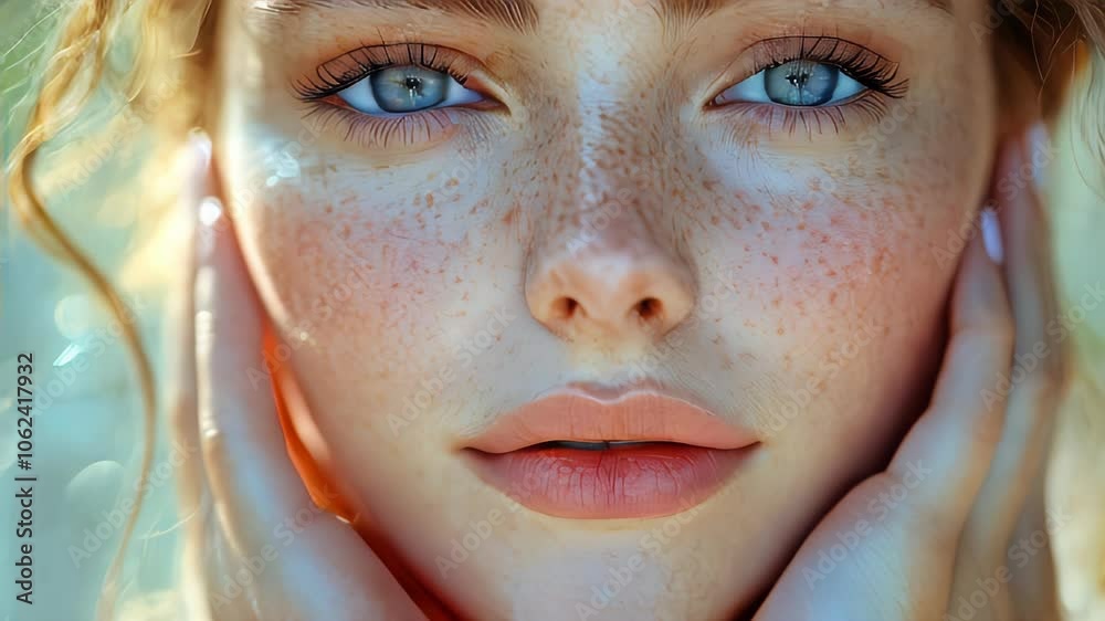 Close-up of a young woman with freckles and natural makeup, highlighting beauty and self-confidence Close-up of a young woman with freckles and natural makeup, highlighting beauty and self-confidence