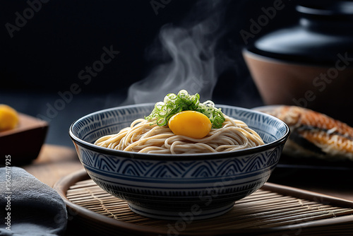 A steaming bowl of pasta is beautifully presented with a raw egg yolk and fresh green onions on top. The cozy kitchen ambiance enhances the appetizing view in soft light photo