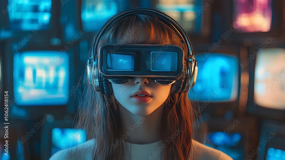 Woman wearing VR headset with glowing screen behind her. Woman wearing VR headset with glowing screen behind her.