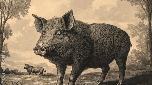 A vintage illustration of wild boars in a natural setting. photo