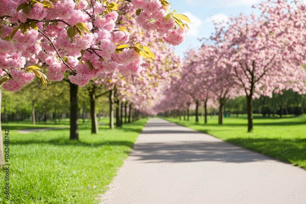Cherry blossoms, illuminated by the sun’s warmth, line a rustic path with enchanting grace. Cherry blossoms, illuminated by the sun’s warmth, line a rustic path with enchanting grace.