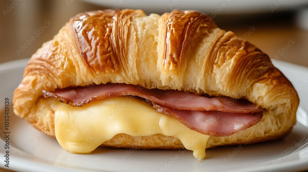 A warm, buttery croissant breakfast sandwich filled with ham and melted cheese A warm, buttery croissant breakfast sandwich filled with ham and melted cheese