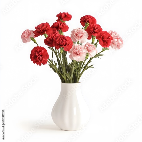 A bouquet of red and pink carnations in a white background