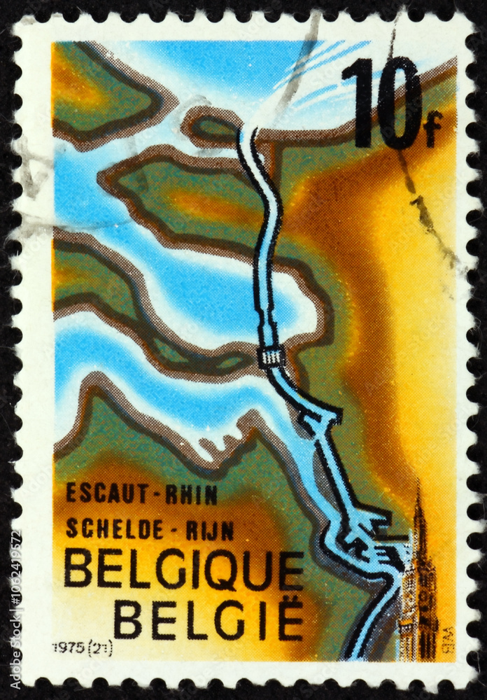 Postage stamp Belgium 1975 Schelde-Rhine canal, opening of connection between the Schelde and Rhine