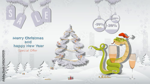 Special Offer Christmas and New Years Sale A snake in a Santa Claus hat wraps around a glass of drinks next to a fir tree in a winter snowy forest