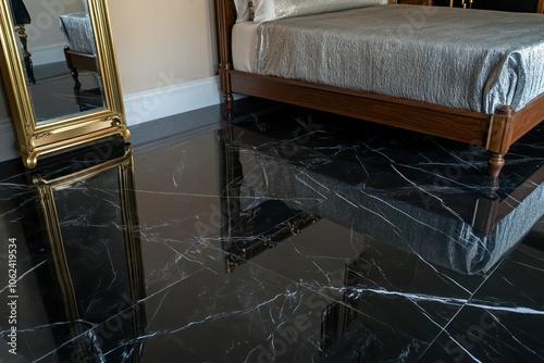 A polished black marble floor with bold silver veining, featuring a walnut bed frame and brass-framed mirror. photo