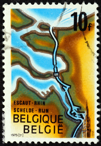 Obraz na płótnie Postage stamp Belgium 1975 Schelde-Rhine canal, opening of connection between the Schelde and Rhine w salonie