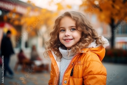 Little girl in a yellow jacket on a background of autumn street.