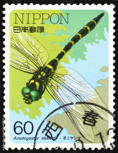 Obraz na płótnie Postage stamp Japan 1987 golden ringed dragonfly, anotogaster sieboldii, is the largest species of dragonfly native to Eastern Asia w salonie