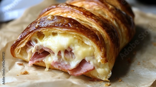 A warm, buttery croissant filled with ham and Swiss cheese  photo