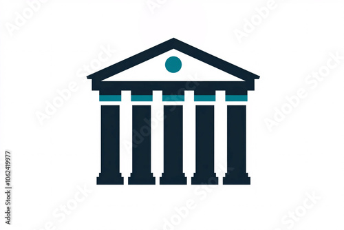 A minimalist icon of a bank building with five columns and a triangular pediment, symbolizing banking