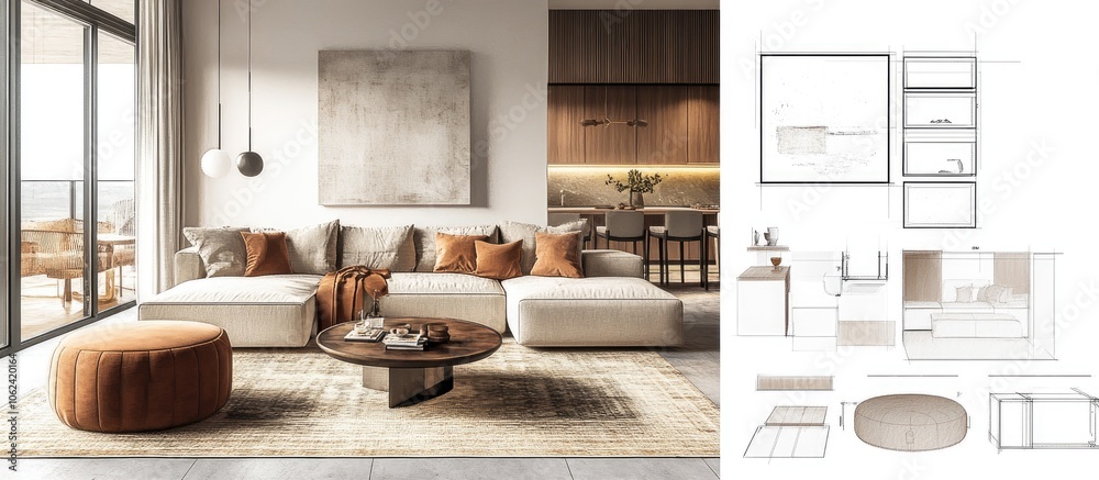 Fototapeta premium Modern living room interior design with a sectional sofa, ottoman, coffee table, rug, and artwork with a blueprint of the space to the right.