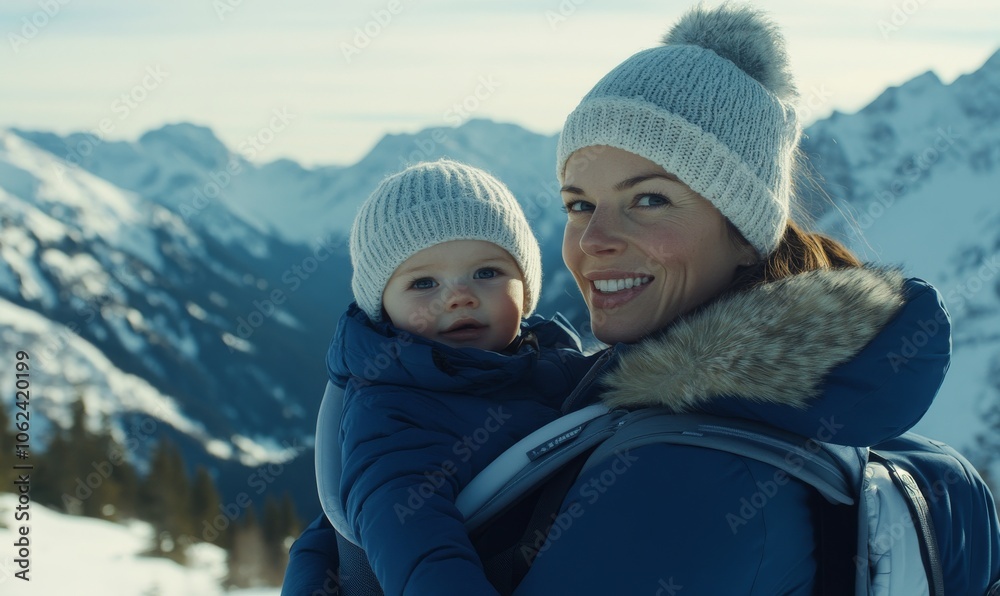 Mother with her happy little daughter in carrier standing in winter nature, resting. Mother with her happy little daughter in carrier standing in winter nature, resting.