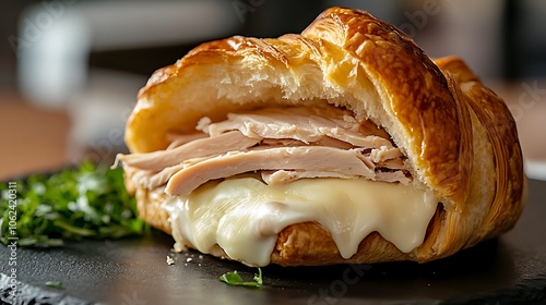 A warm, buttery croissant sandwich filled with turkey and melted cheese 