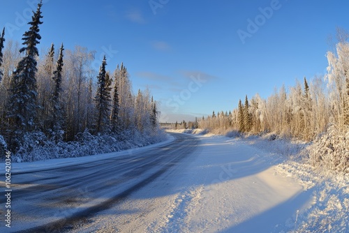 A winter rural landscape with a road, a forest, and a blue sky