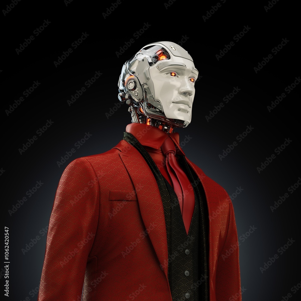 Futuristic humanoid robot dressed in an elegant red suit and tie, showcasing advanced artificial intelligence and modern technology on a dark background, representing innovation and sophistication Futuristic humanoid robot dressed in an elegant red suit and tie, showcasing advanced artificial intelligence and modern technology on a dark background, representing innovation and sophistication