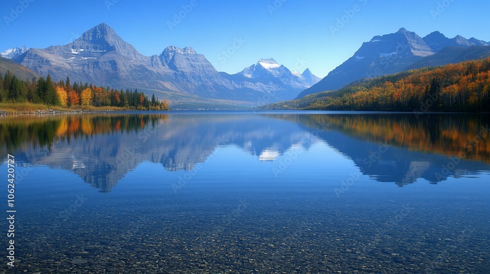 A serene lake with snow-capped mountains reflected in the crystal-clear water. A serene lake with snow-capped mountains reflected in the crystal-clear water.