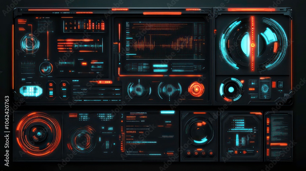 Obraz premium A futuristic user interface with data visualizations and control panels in orange and black.