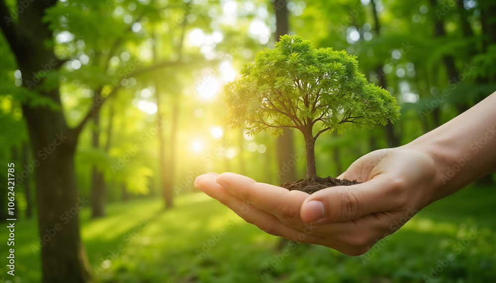 Hand holding small tree with hope in green forest background illuminated by sunlight Hand holding small tree with hope in green forest background illuminated by sunlight