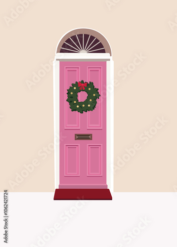 Christmas door, English holiday home with wreath, vector illustration