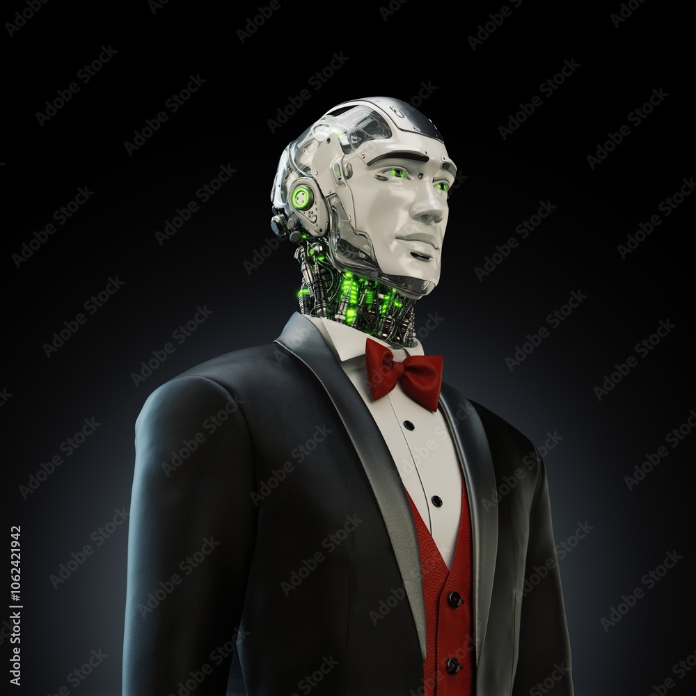 Elegant humanoid robot in a formal black suit with red bow tie, showcasing futuristic technology and advanced artificial intelligence against a dark background with a sophisticated design Elegant humanoid robot in a formal black suit with red bow tie, showcasing futuristic technology and advanced artificial intelligence against a dark background with a sophisticated design