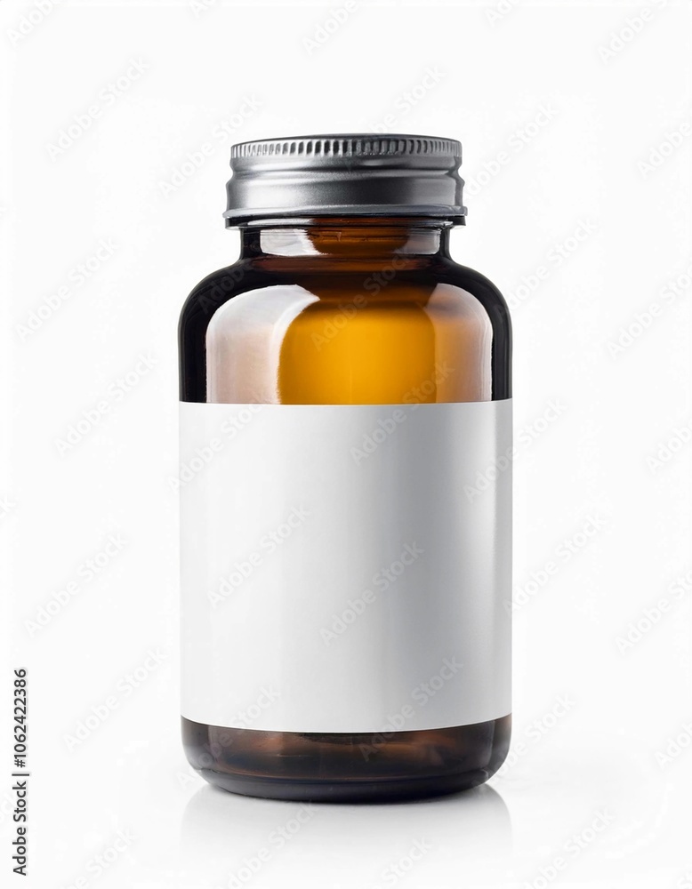 Blank packaging clear glass supplement bottle isolated on white background with clipping path Blank packaging clear glass supplement bottle isolated on white background with clipping path