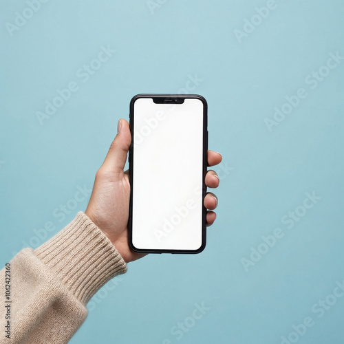 Full body young woman wear beige knitted sweater casual clothes point index finger on big huge blank screen mobile cell phone smartphone with workspace area isolated on plain pastel blue background photo