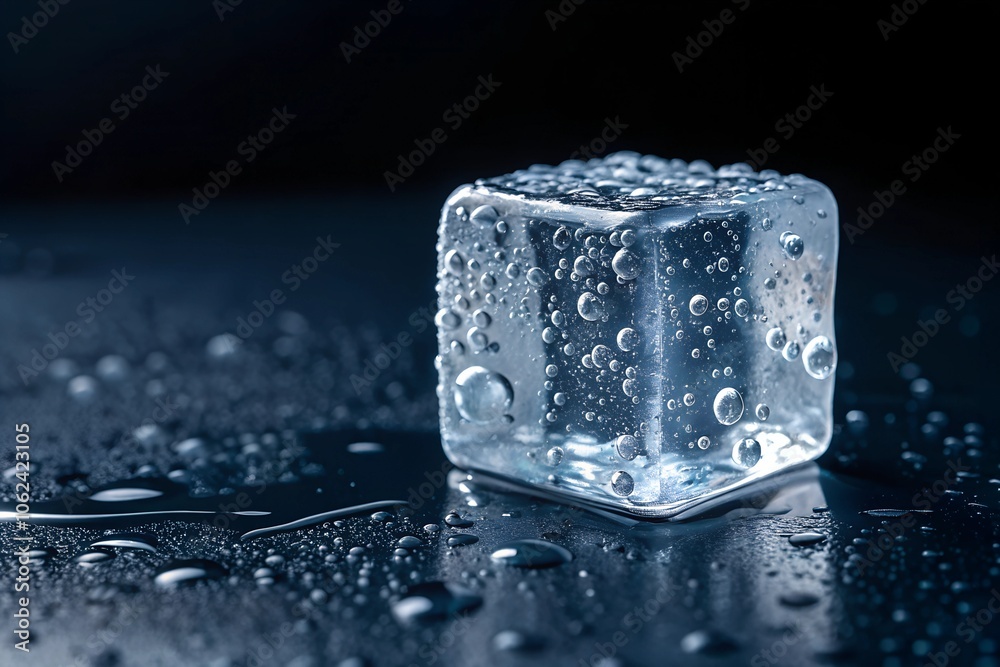 Ice cube with bubbles on a dark, reflective surface, embodying freshness and coldness in high contrast. Great for beverage, cooling, or winter-themed designs. Ice cube with bubbles on a dark, reflective surface, embodying freshness and coldness in high contrast. Great for beverage, cooling, or winter-themed designs.