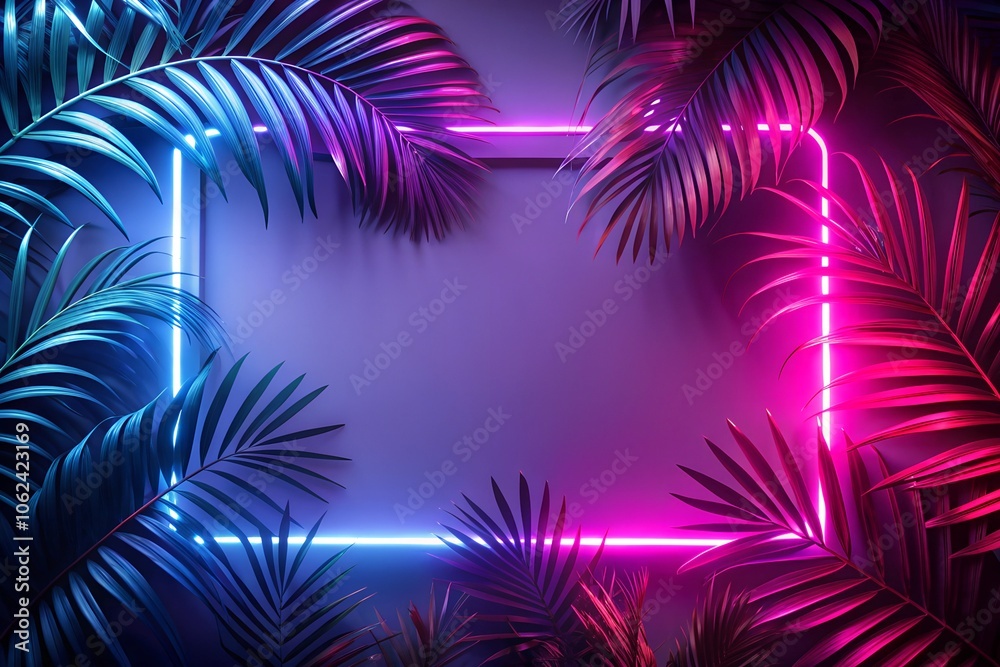 Modern tropical leaves with neon blue and pink lighting, forming a vibrant frame with copy space. Ideal for tropical or retro themes, creating an electric atmosphere.