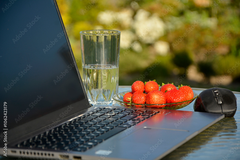 home office w ogrodzie, praca przy komputerze w ogrodzie, laptop. truskawki i woda na stoliku w ogrodzie w słonecnzy dzień, home office in the garden, laptop, strawberries and water on a table
