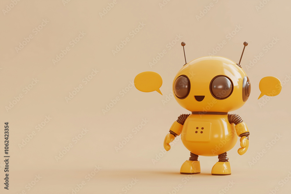 3d rendering. Smiling robot with mock up texts bubbles and messages. Generative AI. 3d rendering. Smiling robot with mock up texts bubbles and messages. Generative AI.