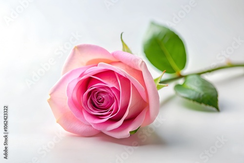 A delicate pink rose lies on a white background, showcasing its intricate petals and soft color tones, ideal for themes of romance, beauty, and elegance.