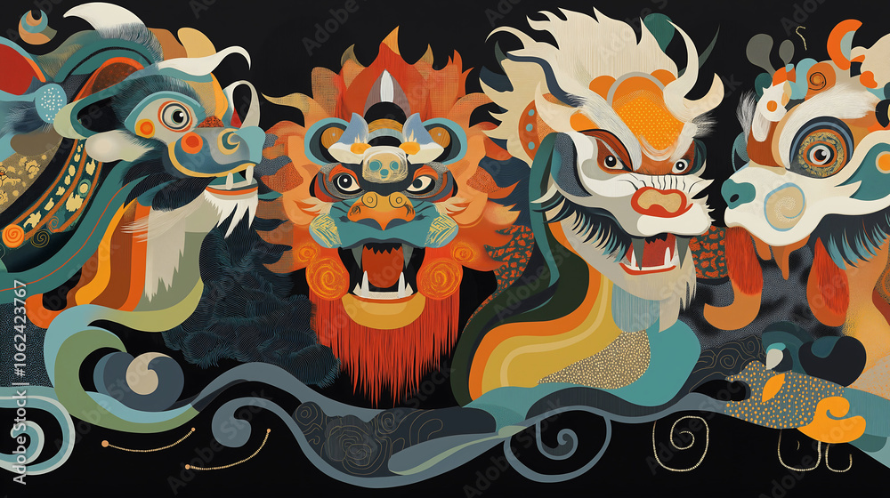 Obraz premium This artwork showcases the evolution of mythical creatures, presenting four vibrant designs that highlight their unique traits and cultural significance