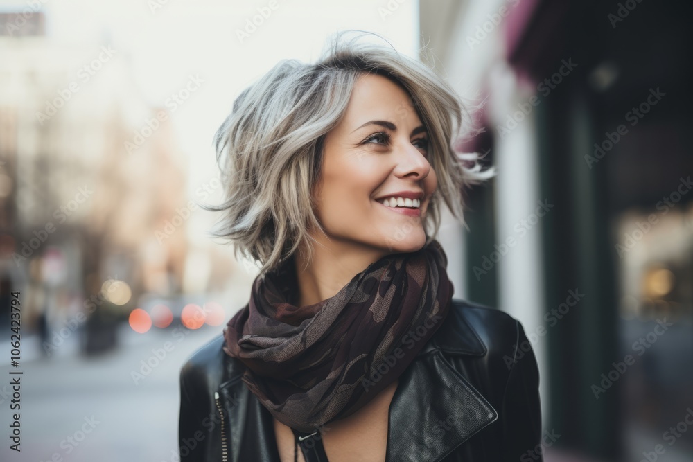 Portrait of a beautiful woman with short hair in the city. Portrait of a beautiful woman with short hair in the city.