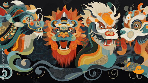 This artwork showcases the evolution of mythical creatures, presenting four vibrant designs that highlight their unique traits and cultural significance photo