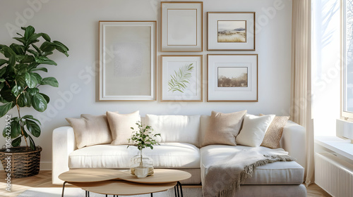 A gallery wall featuring multiple framed botanical and landscape prints above a beige sofa with light brown cushions in a modern living room