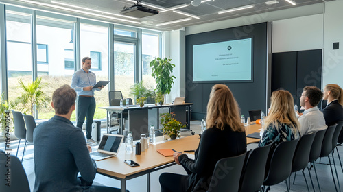 Corporate training session in a bright conference room with large windows