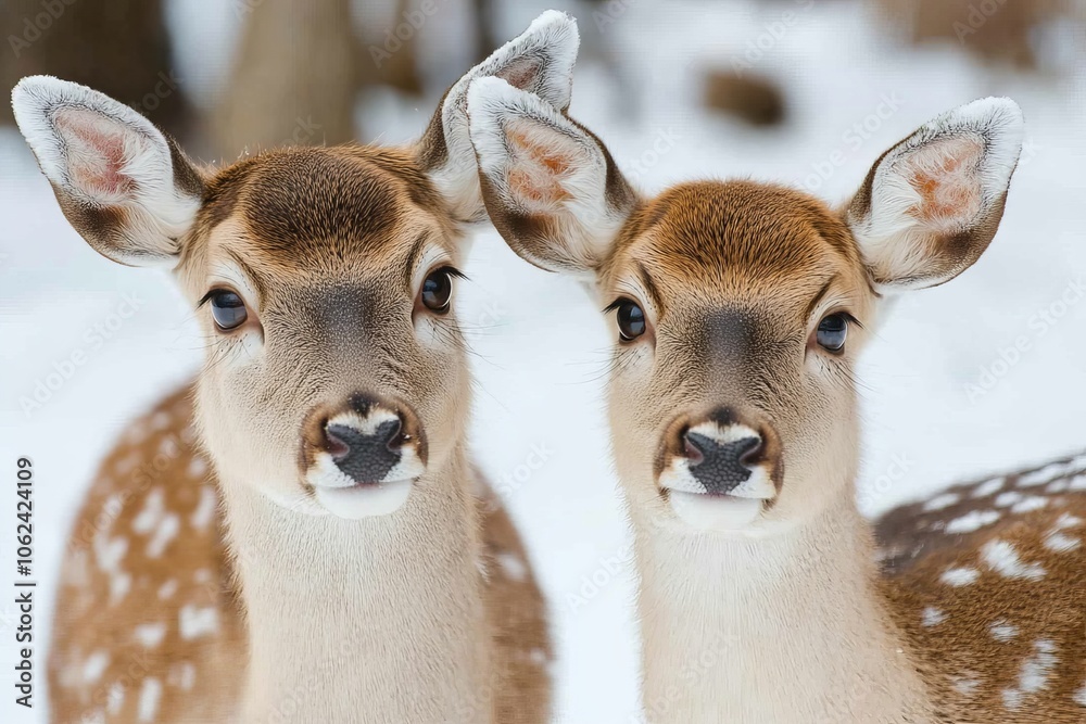 Deer male with big horns and his female companion in the wintery forest of the Christmas wonderland. Deer male with big horns and his female companion in the wintery forest of the Christmas wonderland.